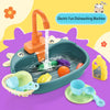 An electric fun dishwashing machine set for kids with realistic water cycle features a green basin and various kitchen items.