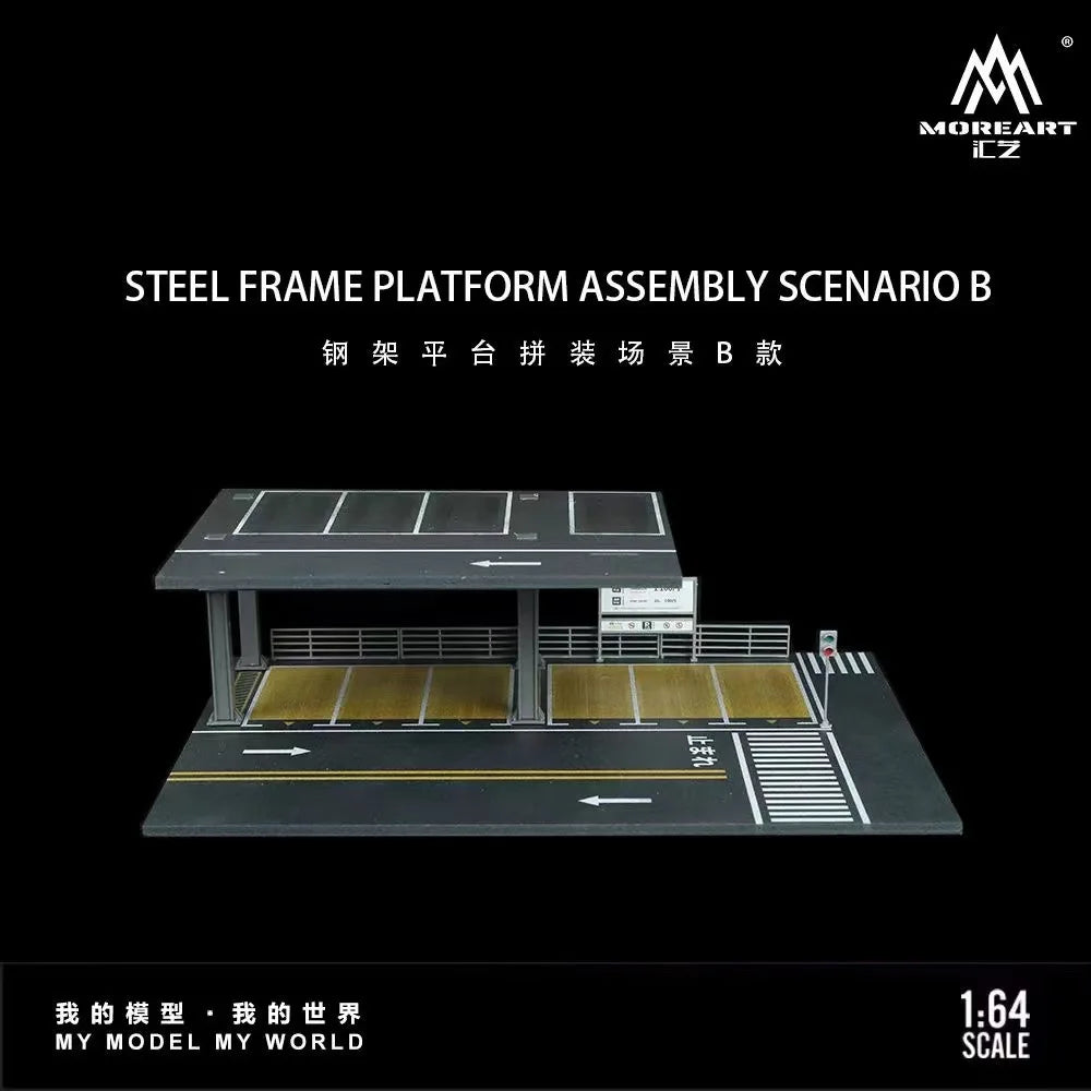 A model of a steel frame platform assembly scenario B diorama for diecast cars.