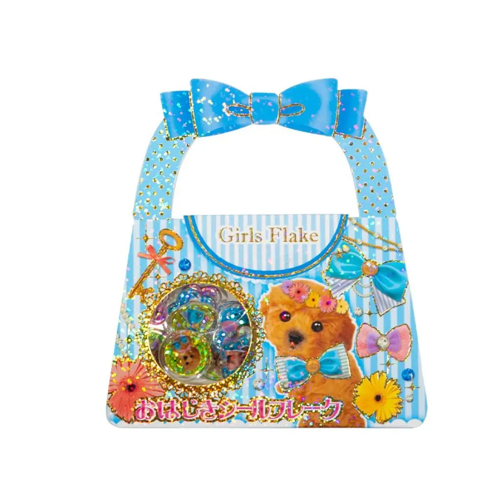 A light blue bag featuring a bow design and the Girls Flake logo, with a small dog sticker visible.