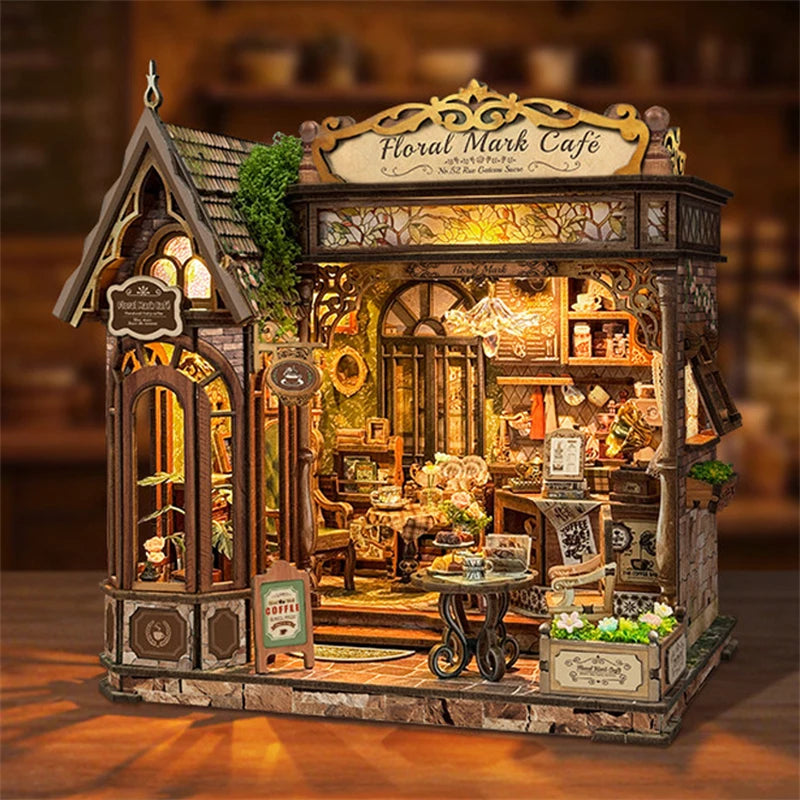 DIY Wooden Flower Shop Café Dollhouse Miniature Kit with LED Lighting