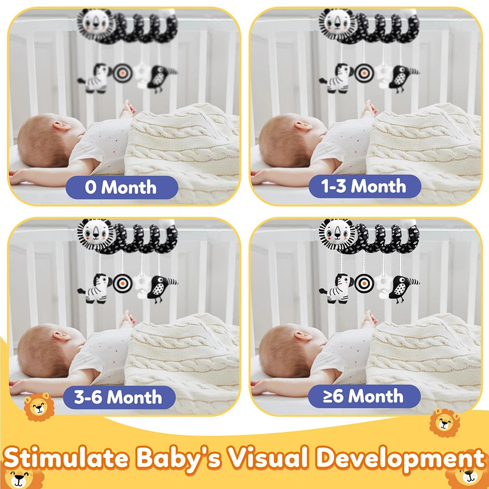Ensemble de miroirs-rattles développementaux montrant divers animaux pour stimuler le développement visuel du bébé à différen