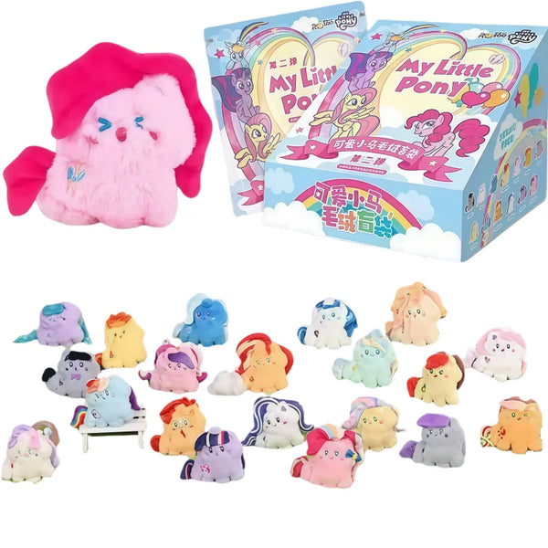 A collection of My Little Pony mini plush blind bags and pendants in various colors and styles.