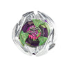 Silver metal spinning top with a green and purple design featuring a stylized face.