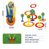 A set of five colored rings and stakes for a classic ring toss game, shown with dimensions.