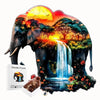 A jigsaw puzzle depicting an elephant silhouette against a sunset background with a waterfall.