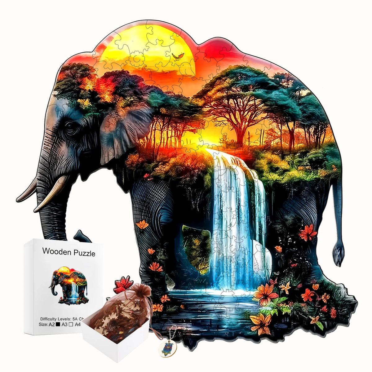 A jigsaw puzzle depicting an elephant silhouette against a sunset background with a waterfall.