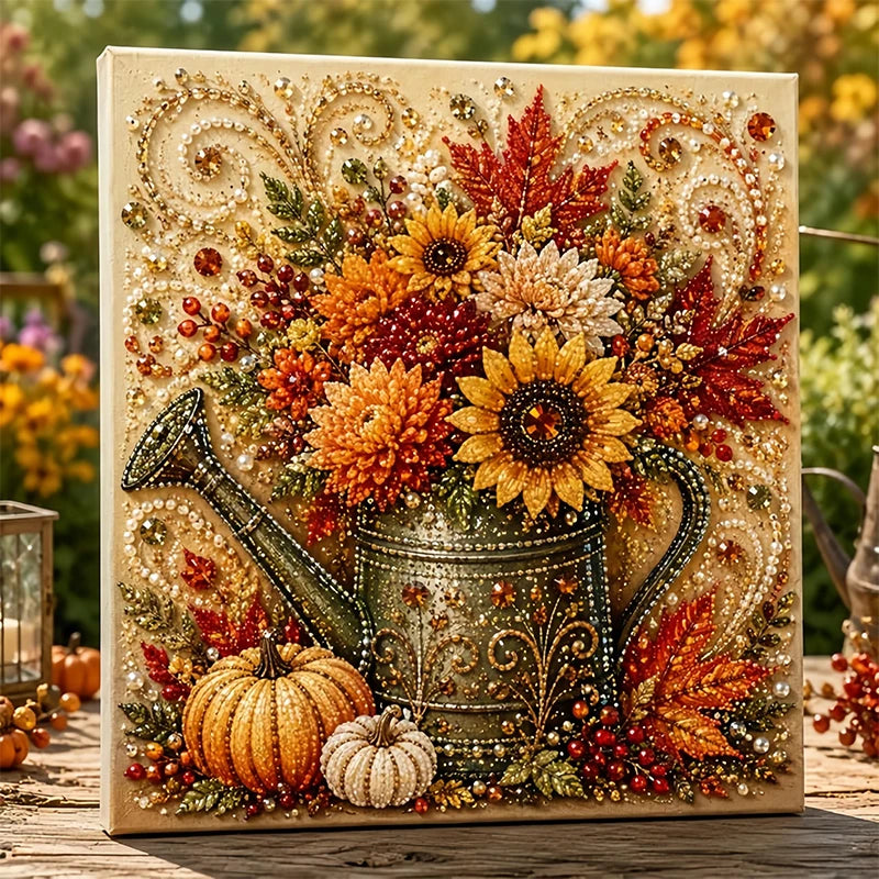 A framed painting featuring a gold pumpkin vase filled with autumn flowers and leaves, suitable for DIY wall art.