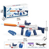 A blue and orange electric water gun toy rifle with accessories shown next to its dimensions.