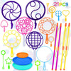 A collection of 21 bubble wands and trays for outdoor fun, featuring various designs and colors.