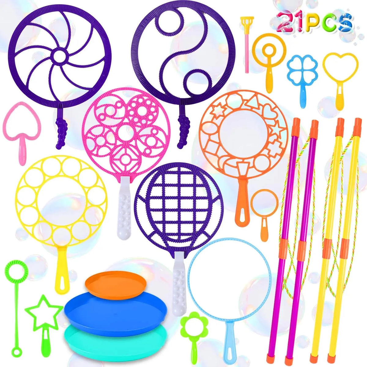 A collection of 21 bubble wands and trays for outdoor fun, featuring various designs and colors.