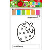A coloring page for a strawberry featuring a line drawing and a blank space for writing.
