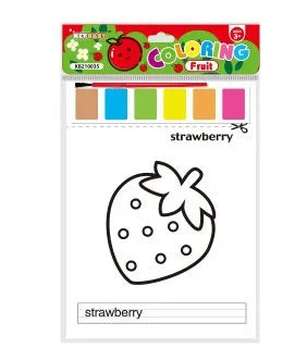 A coloring page for a strawberry featuring a line drawing and a blank space for writing.