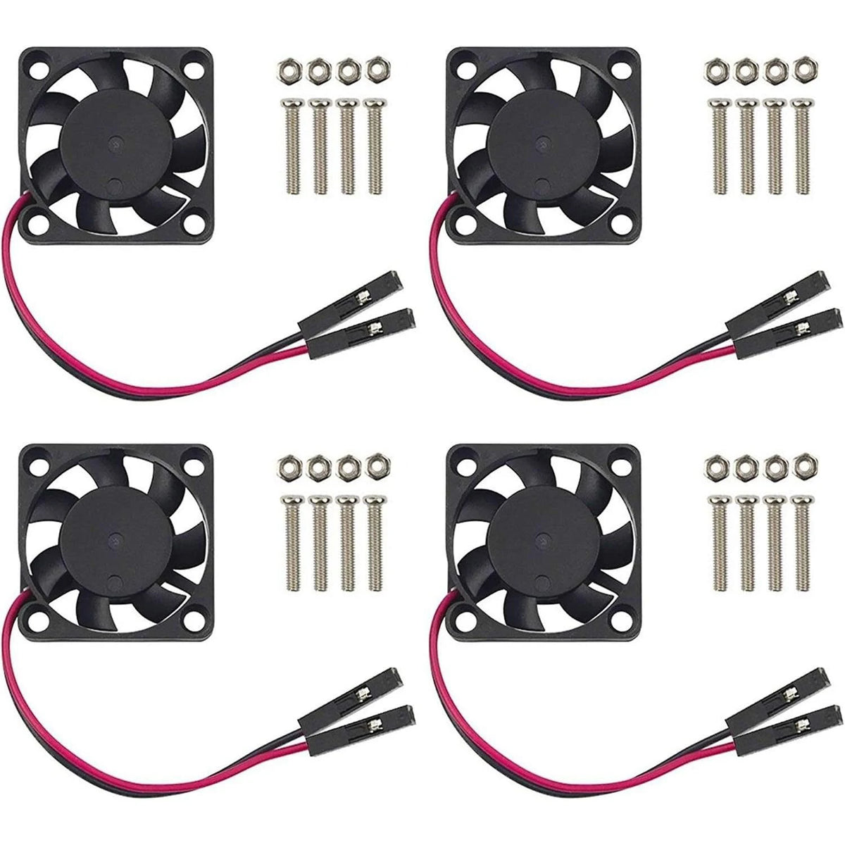 Pack of four 30mm quiet cooling fans for Raspberry Pi, featuring black blades and silver mounting screws.