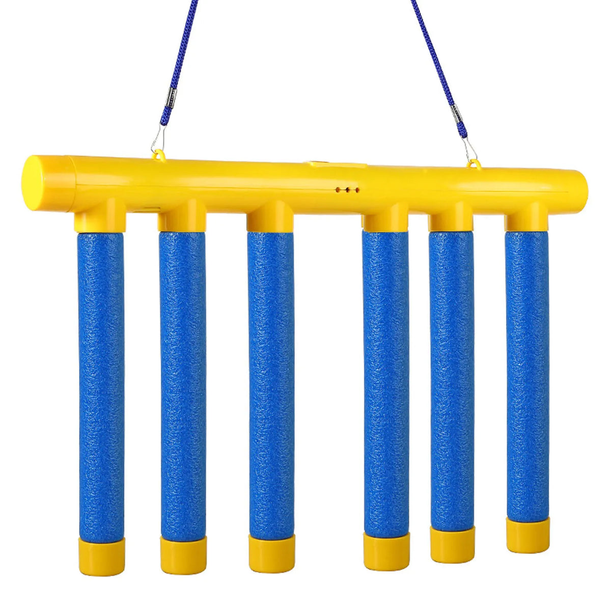 Une barre jaune avec plusieurs bâtons bleus verticaux, utilisée pour un jeu interactif de coordination de bâtons tombants.