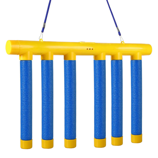 A yellow bar with multiple blue vertical sticks hangs, used for an interactive falling sticks coordination game.