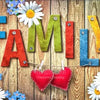 Colorful wooden letters spelling FAMILY with floral designs and blue flowers