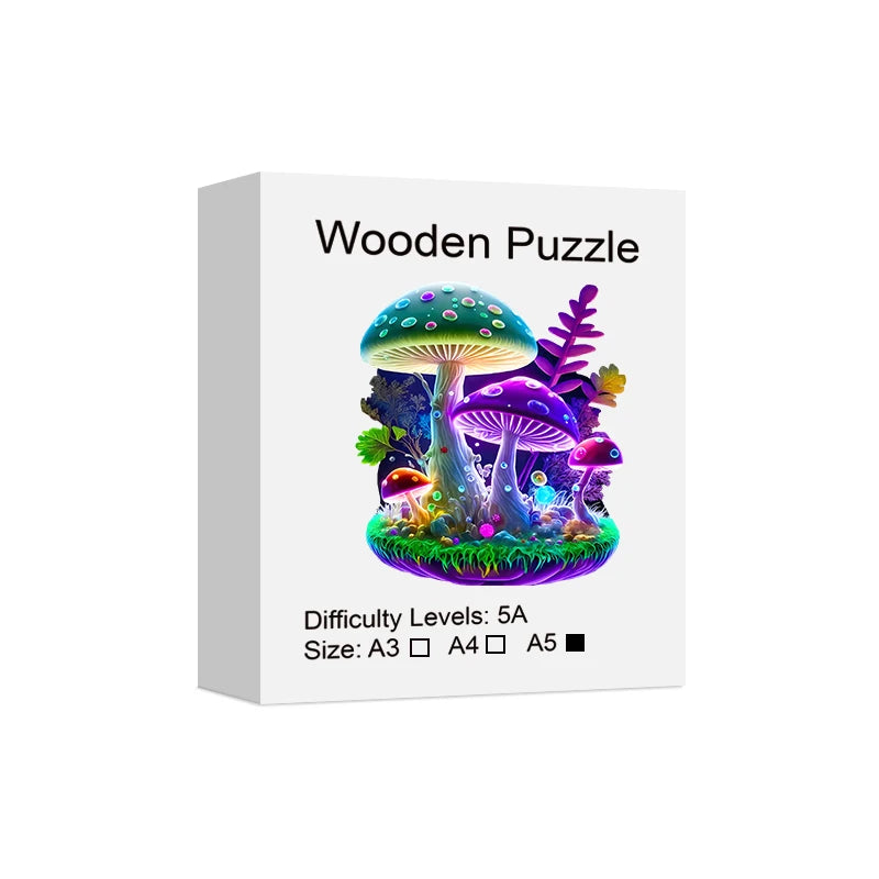 A box for a wooden puzzle featuring colorful, animal-shaped mushrooms.
