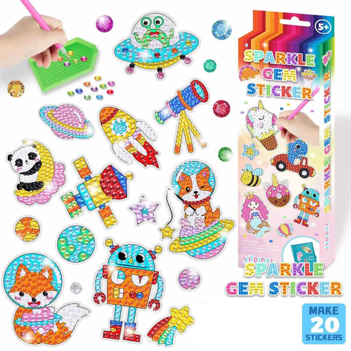 A colorful sticker kit featuring various sparkling gem stickers for kids, including a space theme and animal designs.