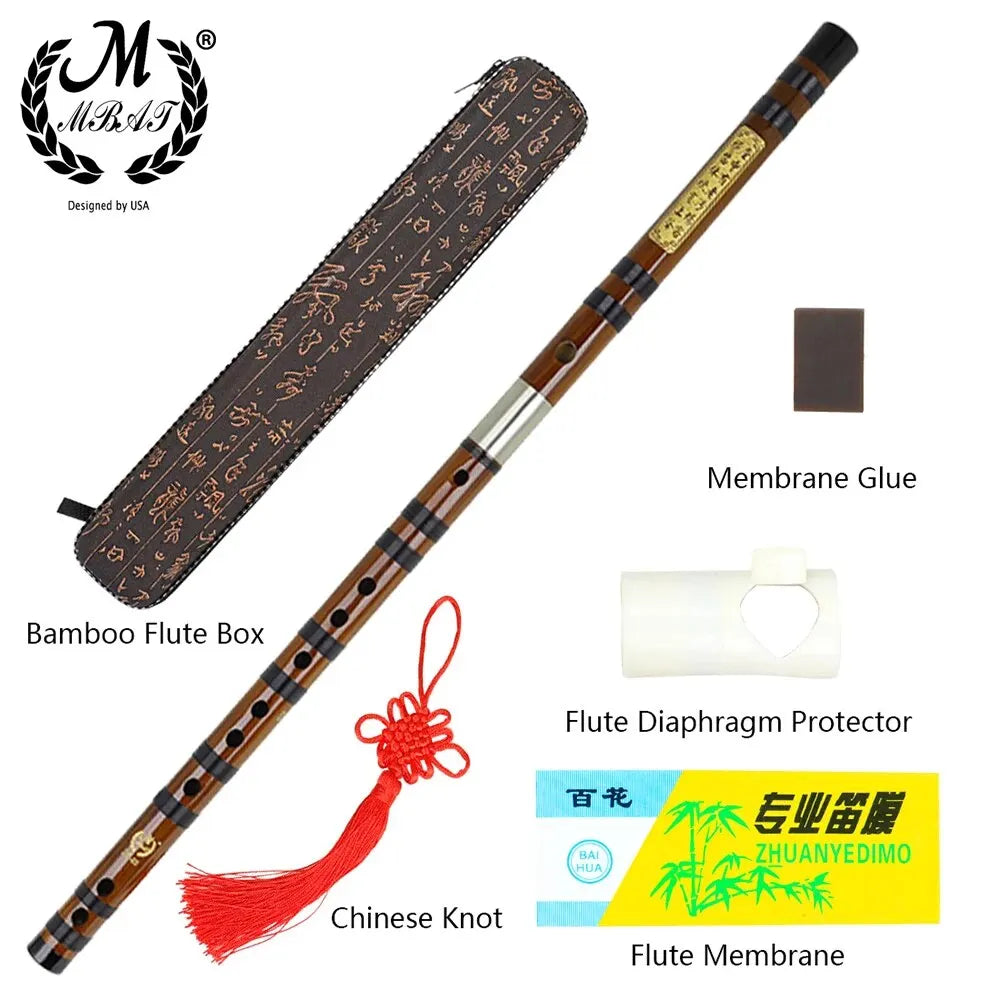 Traditional Chinese bamboo flute with a brass joint, showing the instrument and its components like the membrane glue and pro
