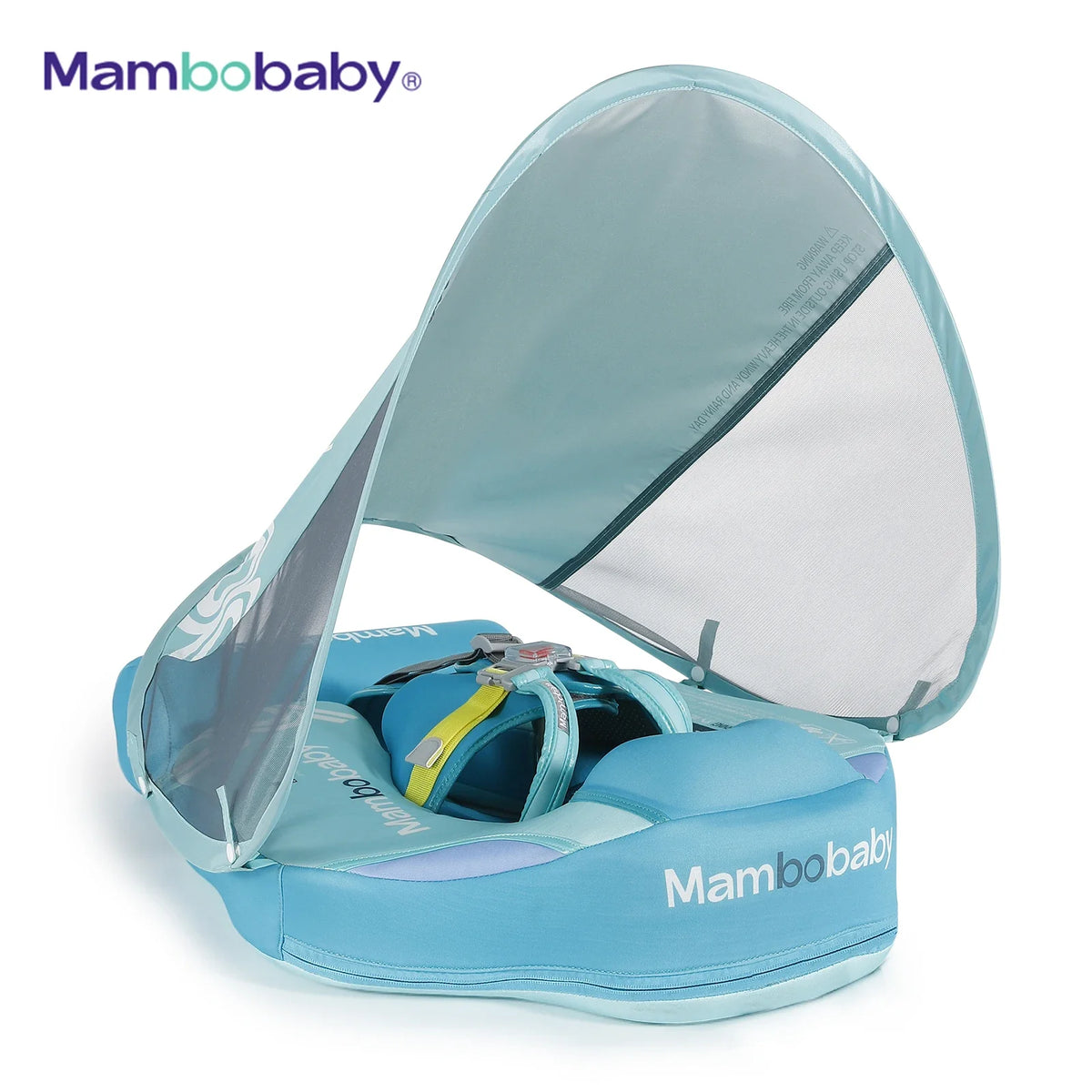 A light blue baby swim float with a canopy and tail support is shown open on a white background.