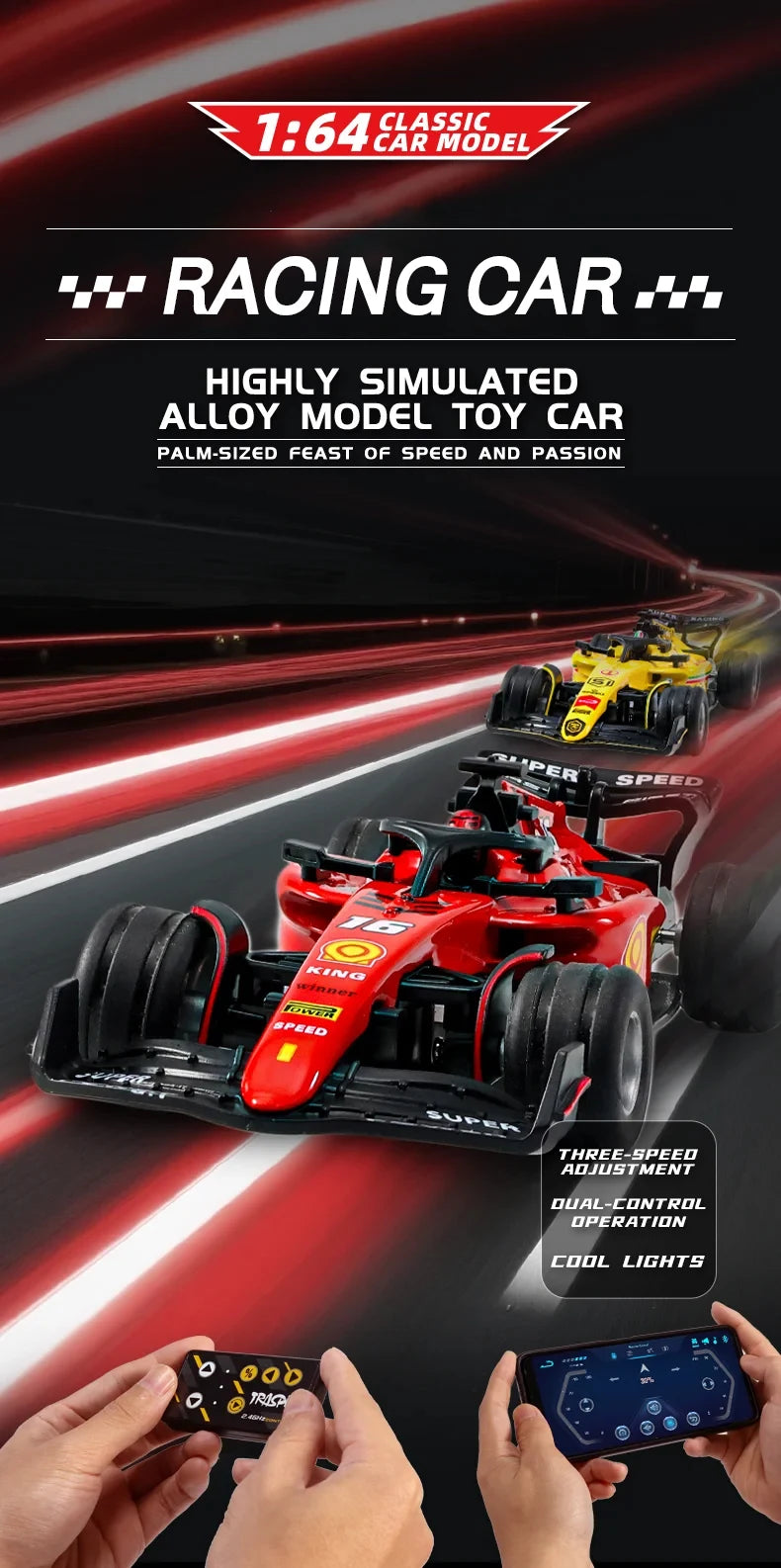 A red racing car model is shown on a track, being operated by hands, with an accompanying control device visible.