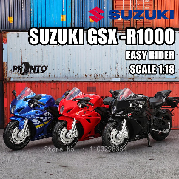 Tre Suzuki GSX-R1000 easy rider modellmotorcyklar i skala 1:18 i blått, rött och svart.