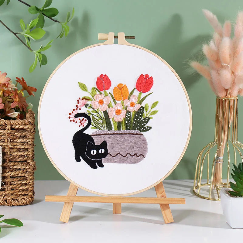 Beginner Embroidery Kit with Floral and Cat Patterns