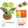 A DIY potted plant crochet kit featuring a green leaf plant in a brown crocheted pot and various tools.