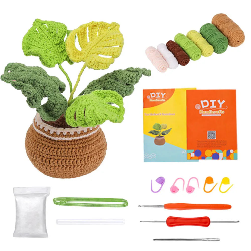 A DIY potted plant crochet kit featuring a green leaf plant in a brown crocheted pot and various tools.