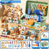 A set of wooden nut hand disassembly puzzles and tools for kids, including various components and a glue gun.