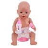A baby doll with light skin and blue eyes is shown holding a pink feeding bottle.