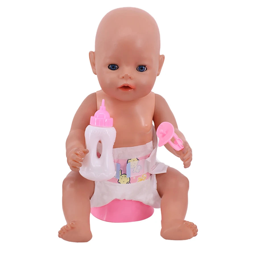 A baby doll with light skin and blue eyes is shown holding a pink feeding bottle.