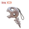 Grey dinosaur skeleton bag charm with a removable hood