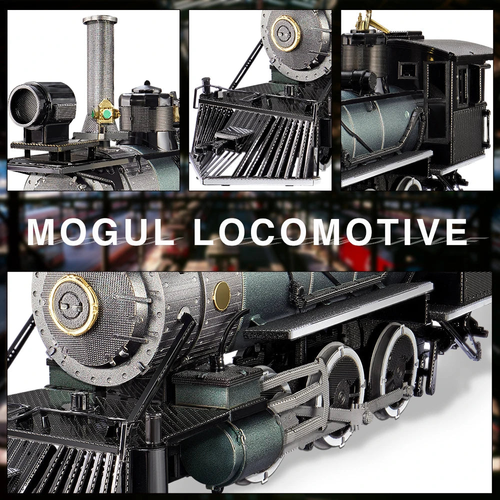 A detailed model kit of a Mogul locomotive featuring black and silver metal components and intricate detailing.