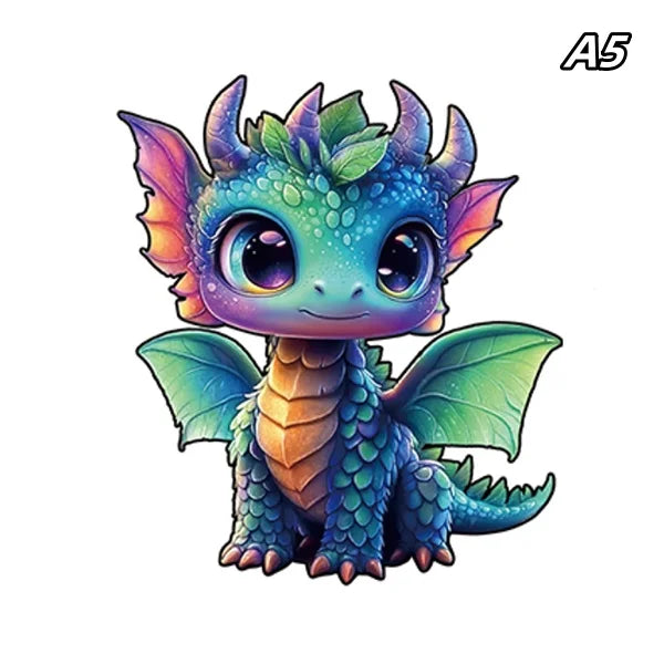 A detailed illustration of a small, teal-colored dragon with purple accents and green wings.