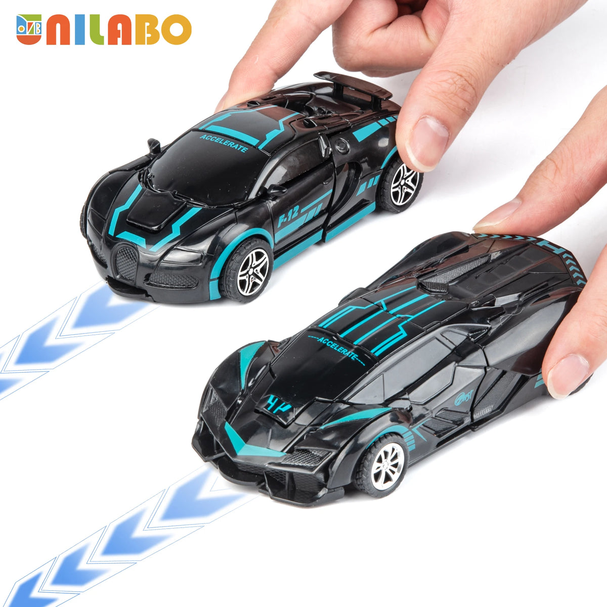 A hand holds a black and blue transformable robot sports car toy for kids.