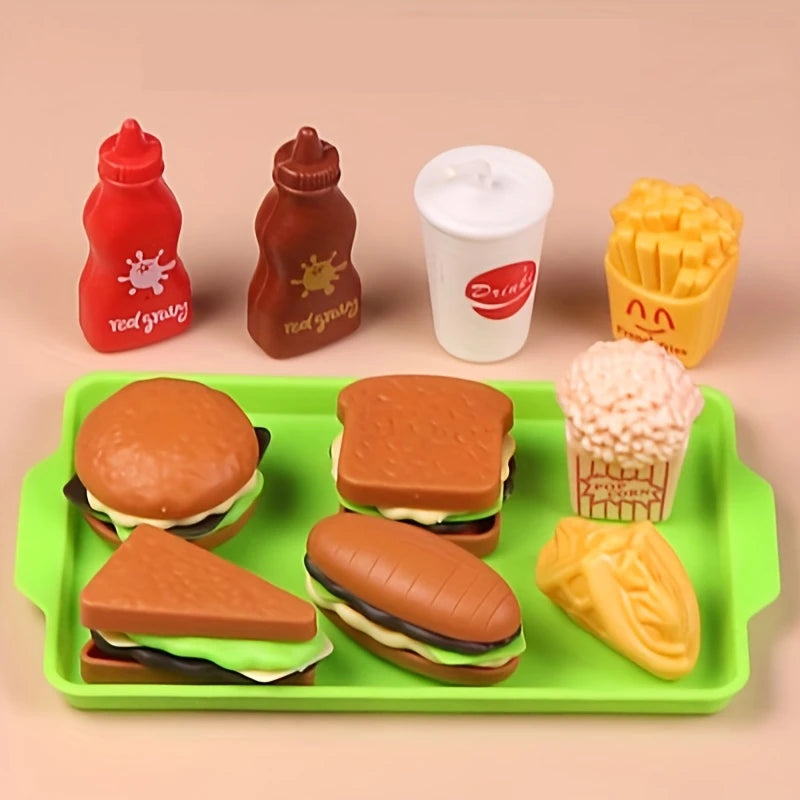 A pretend play food set featuring a burger, sandwich, and french fries in various colors.
