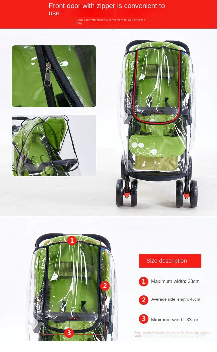 A green universal stroller rain cover with a front door and zipper, shown in various views.