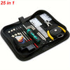 A black zippered pouch containing a 25 in 1 guitar repair tool kit with various tools and accessories.