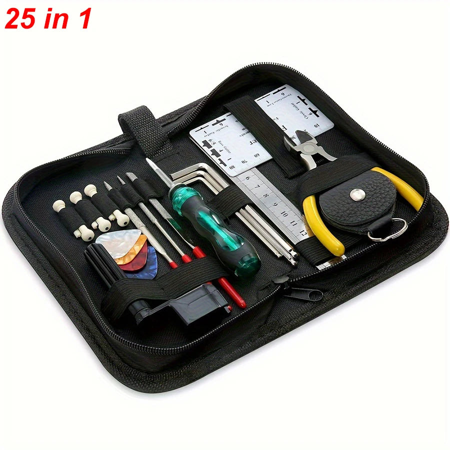 A black zippered pouch containing a 25 in 1 guitar repair tool kit with various tools and accessories.