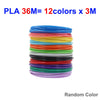 A stack of 12 colors of PLA filament, bundled in groups of three, ready for 3D pens.