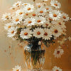 A still life painting of a bouquet of white daisies in a glass vase against a warm, golden background.