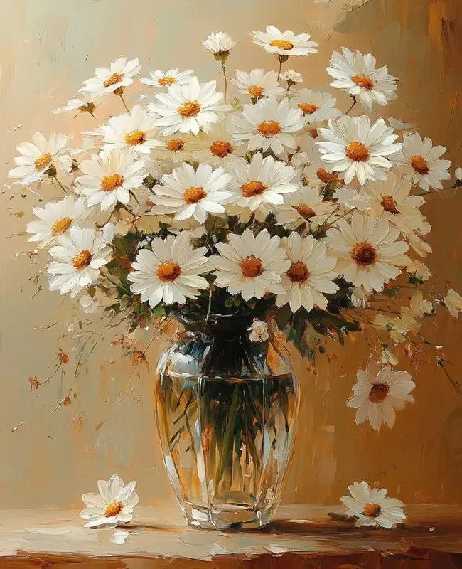 A still life painting of a bouquet of white daisies in a glass vase against a warm, golden background.