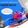 A red and blue electric marine rescue ship toy with flashing lights and water spraying features.