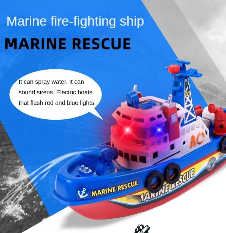 A red and blue electric marine rescue ship toy with flashing lights and water spraying features.