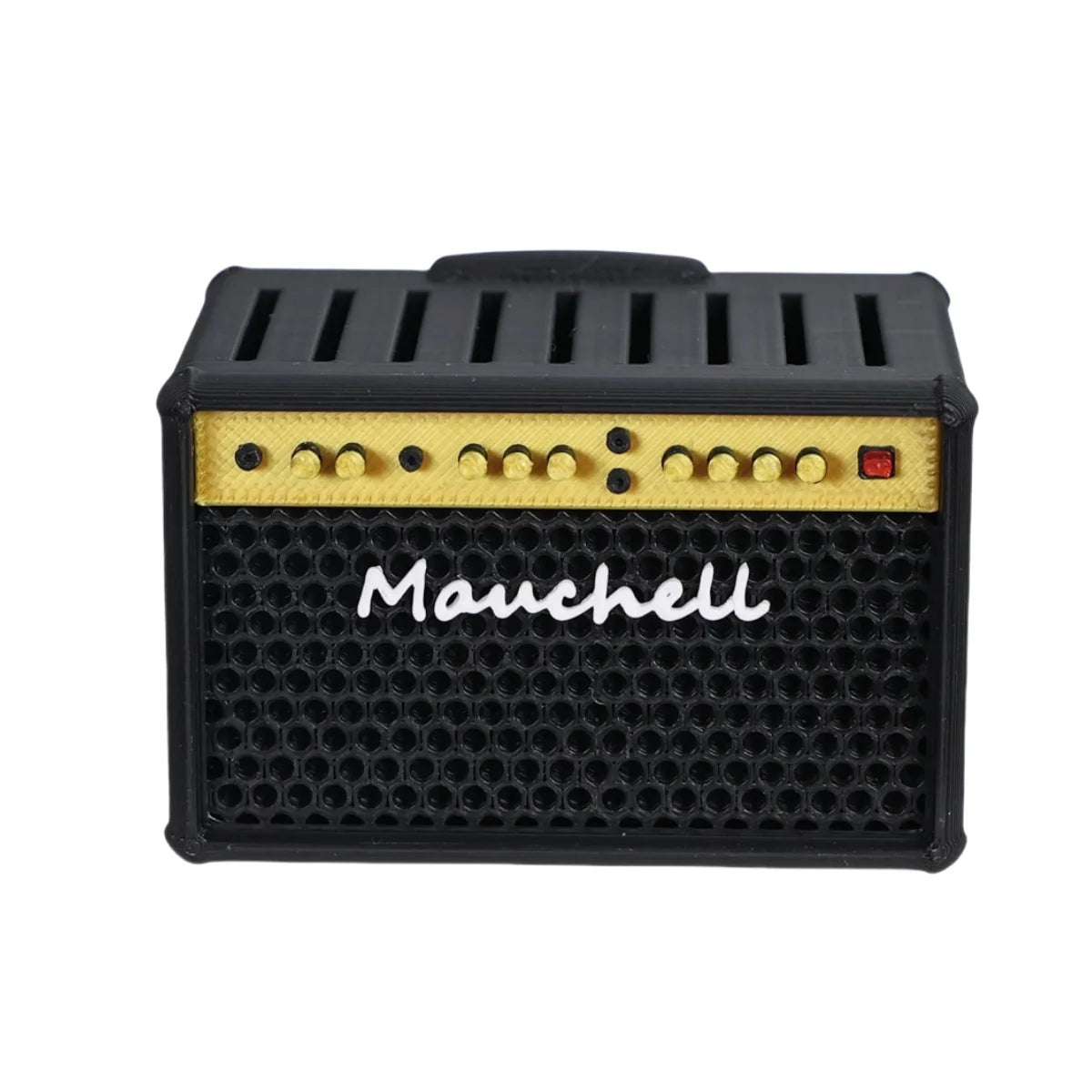 Black guitar pick holder with a speaker-shaped design and yellow accents