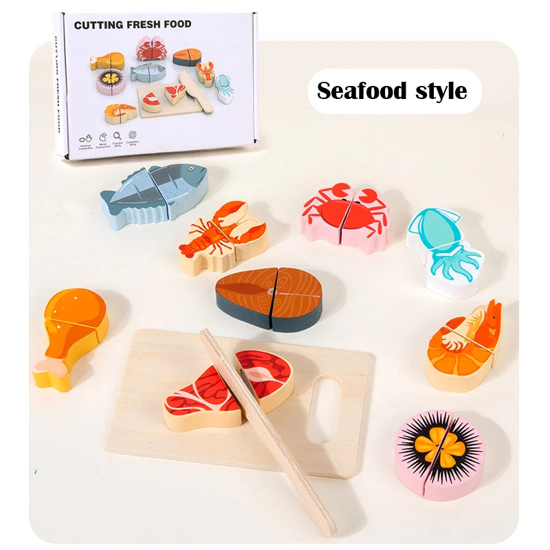 Wooden Pretend Play Kitchen Set with Cutting Fruits and Vegetables