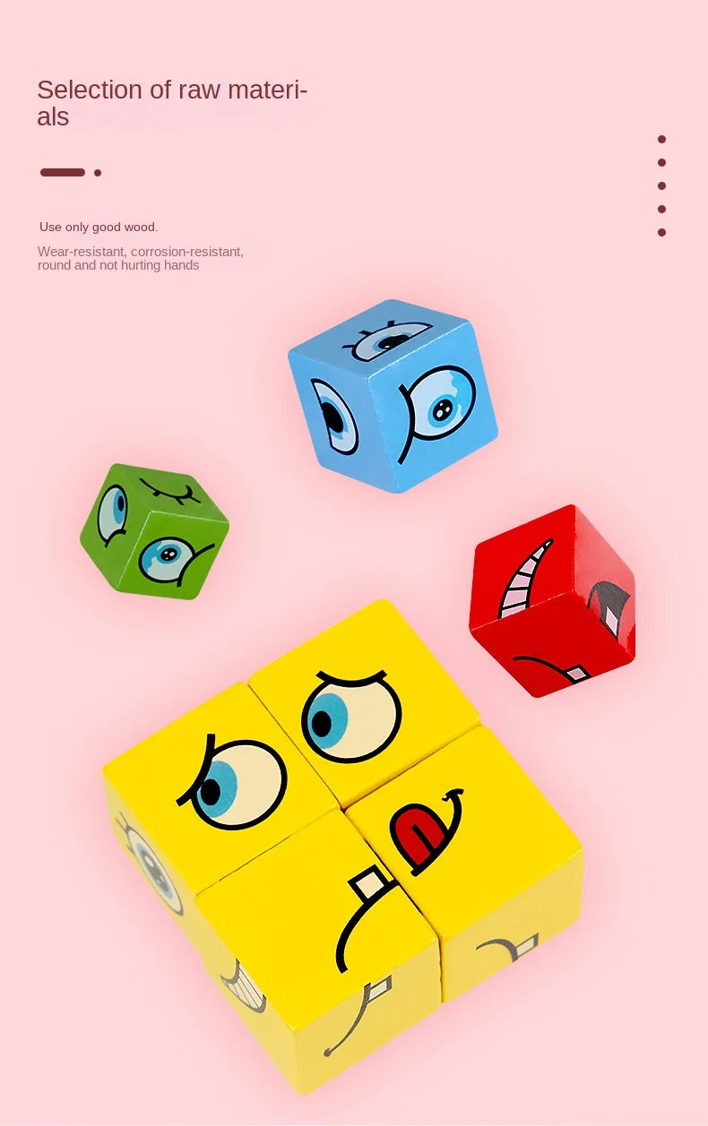 A selection of wooden face-changing cubes in blue, green, and red on a pink background.