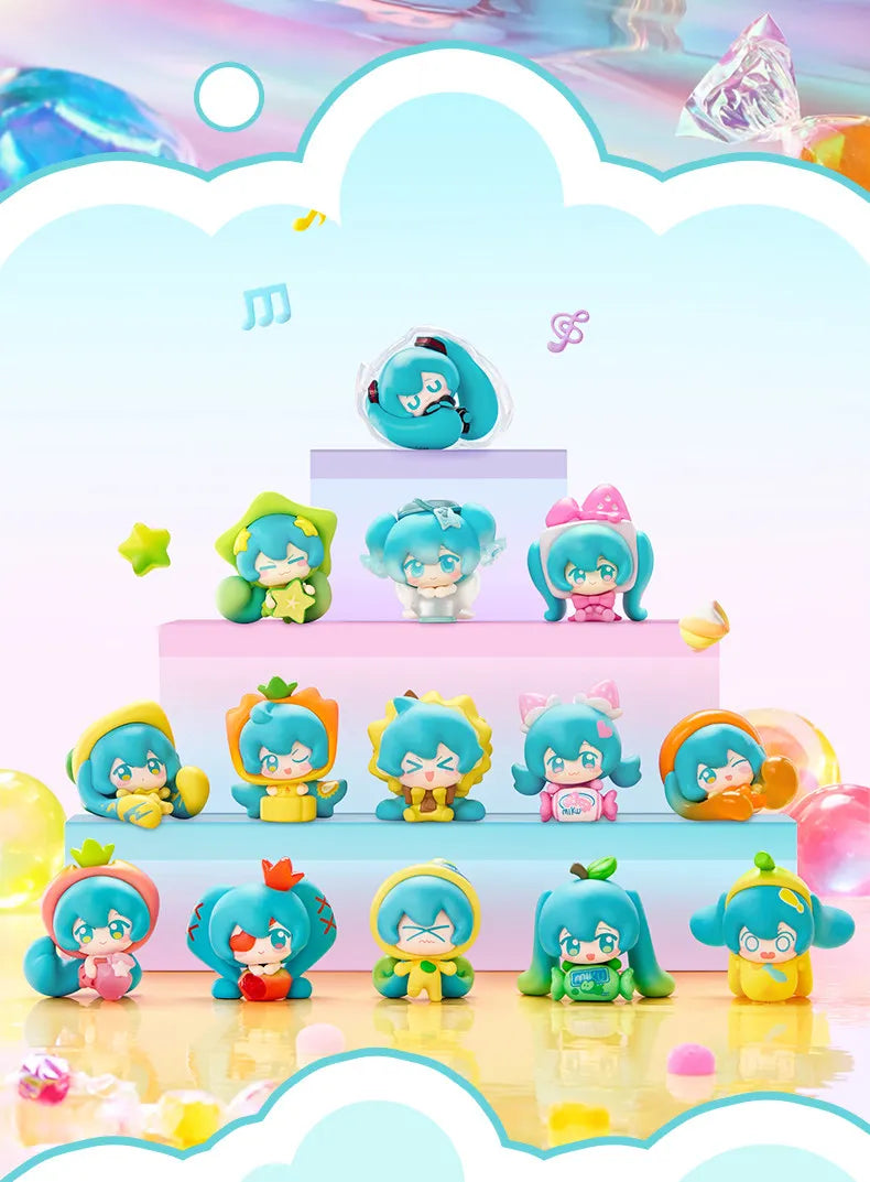 A blind box figure of Hatsune Miku in various colors and poses displayed against a pastel sky background.