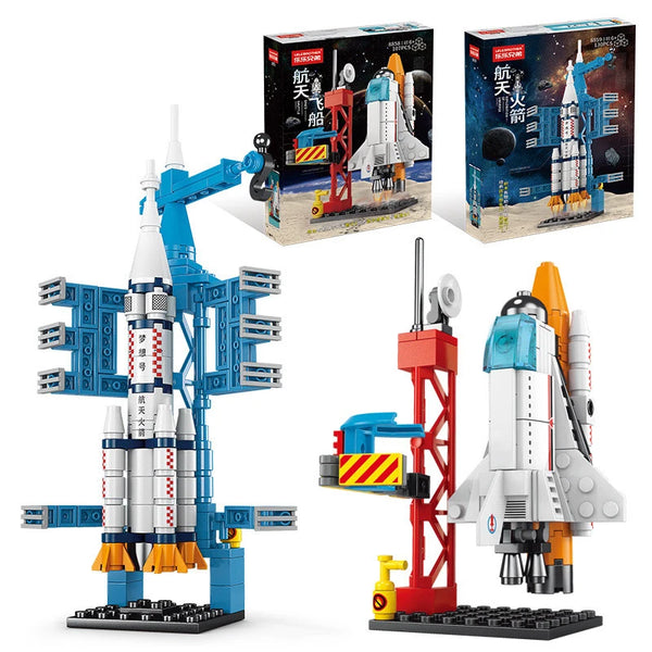 Set de 107 bloques de cohete espacial con centro de lanzamiento y modelos en azul, blanco y naranja.